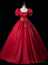 Burgundy Red Satin Short Sleeve Square Appliques Quinceanera Dress